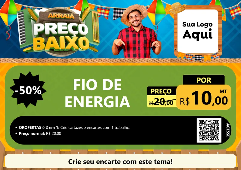 Modelo de Cartaz para Cartaz A4 Horizontal com o tema Arraiá de Preço Baixo - Junina para Materiais Elétricos