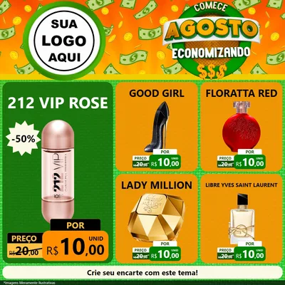 Modelo de Rede Social para Feed Facebook com o tema Comece Agosto Economizando para Perfumes