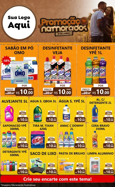 Modelo de Encarte para Encarte Grande com o tema Promoção Namorados para Produtos de Limpeza