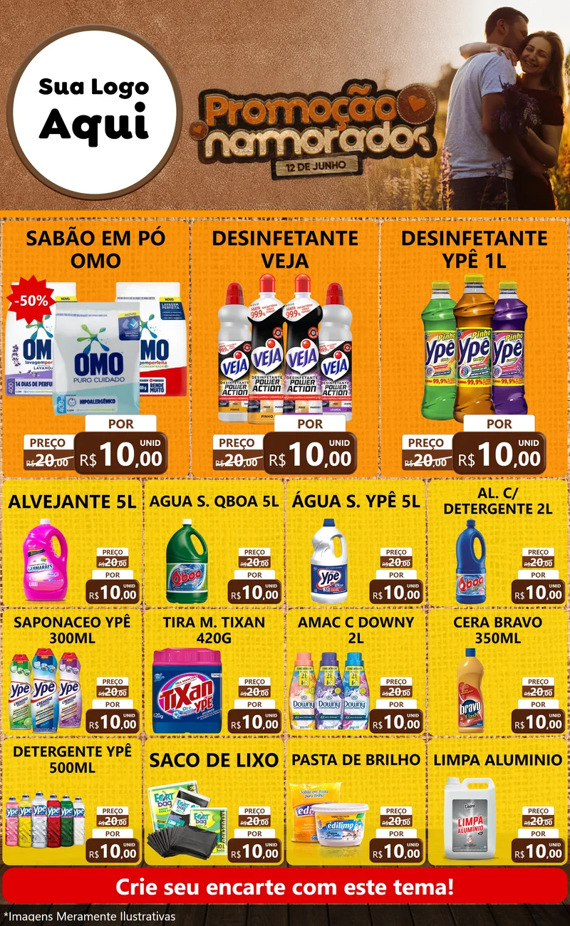 Modelo de Encarte para Encarte Grande com o tema Promoção Namorados para Produtos de Limpeza