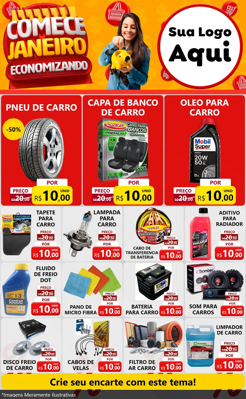 Modelo de Encarte para Encarte Grande com o tema Comece Janeiro Economizando para Auto peças
