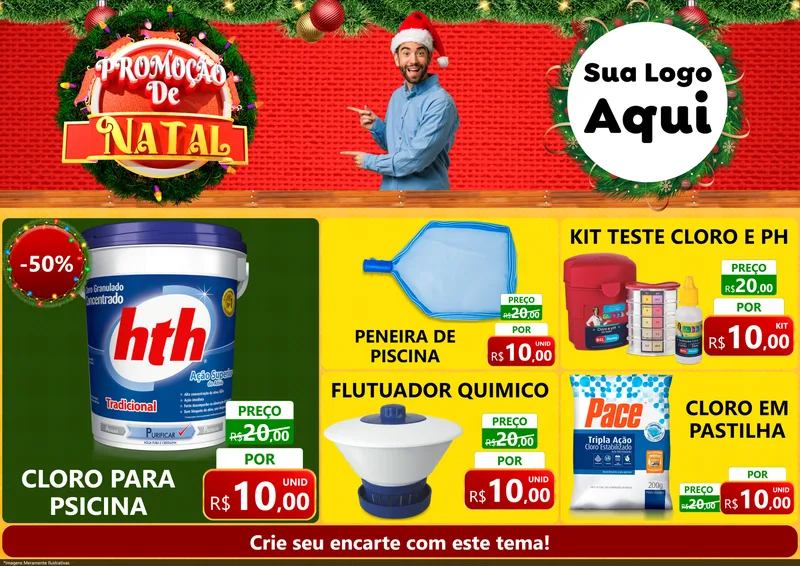 Modelo de Encarte para Encarte A4 Horizontal com o tema Promoção de Natal para Produtos para Piscina