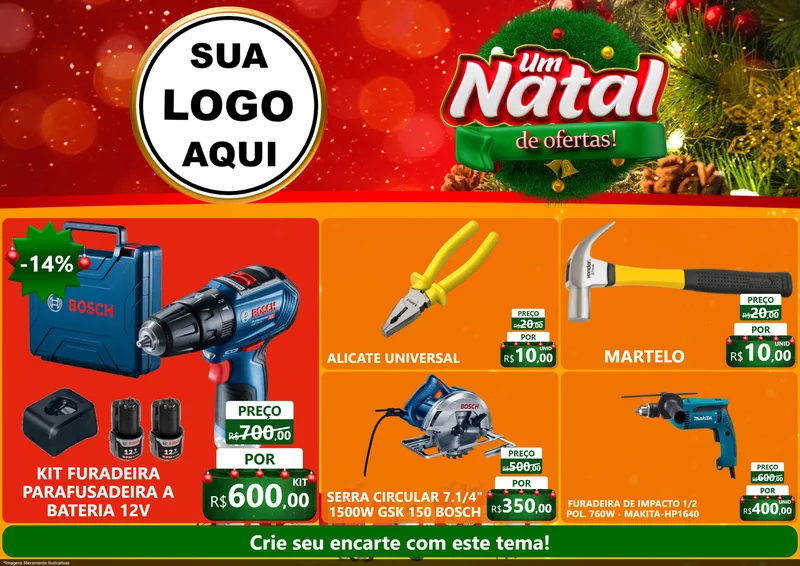 Modelo de Encarte para Encarte A4 Horizontal com o tema Um Natal de Ofertas para Maquinas e Ferramentas