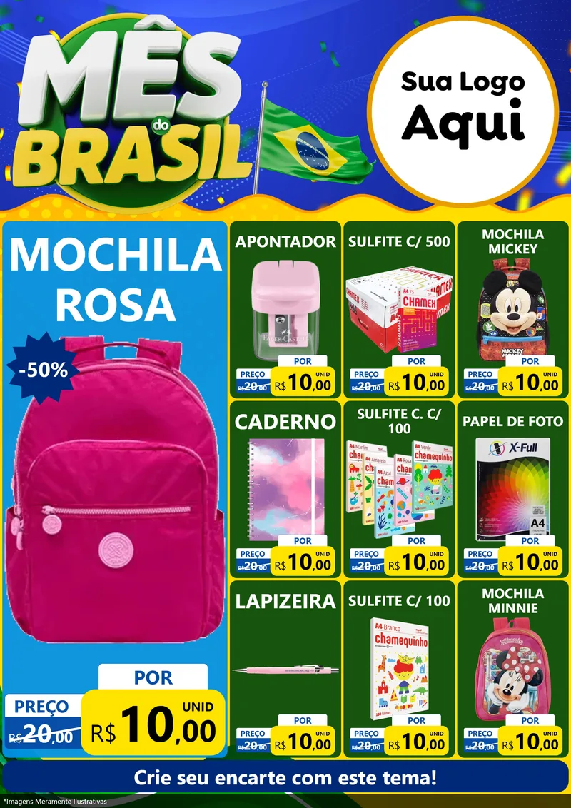 Modelo de Encarte para Encarte A4 Vertical com o tema Mês do Brasil para Papelaria