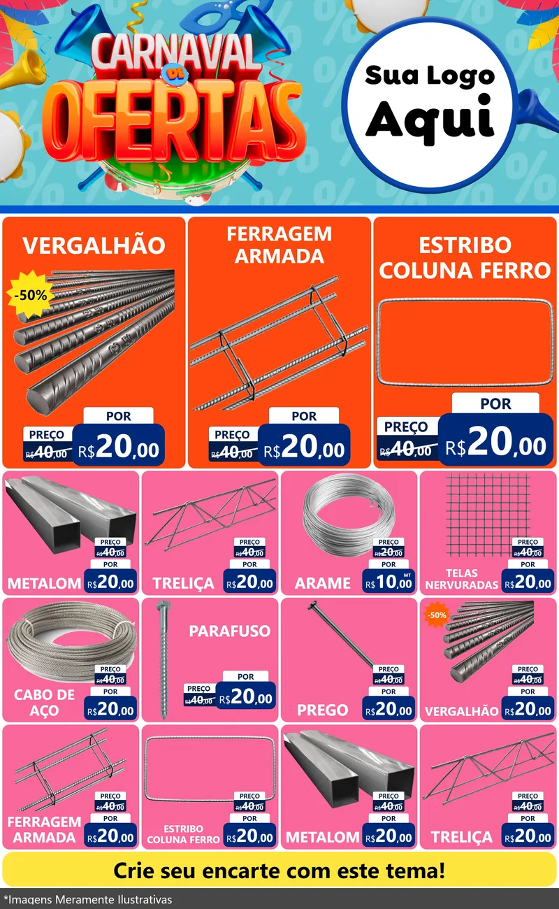Modelo de Encarte para Encarte Grande com o tema Carnaval de Ofertas para Ferragens