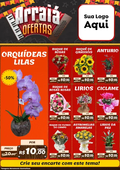 Modelo de Encarte para Encarte A4 Vertical com o tema Arraiá de Ofertas - Junina para Floricultura e jardim