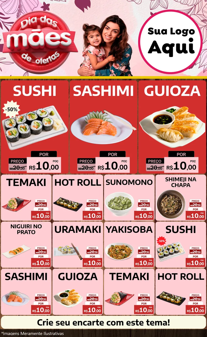 Modelo de Encarte para Encarte Grande com o tema Dia Das Mães De Ofertas para Comida japonesa