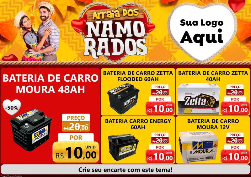 Modelo de Encarte para Encarte A4 Horizontal com o tema Arraiá dos Namorados para Baterias Elétricas
