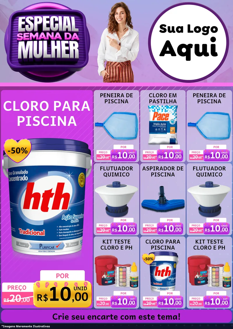 Modelo de Encarte para Encarte A4 Vertical com o tema Especial Semana da Mulher para Produtos para Piscina
