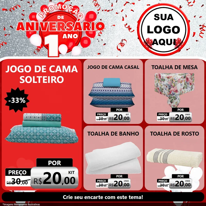 Modelo de Rede Social para Feed Facebook com o tema Promoção de Aniversário - 1 Ano para Cama, Mesa e Banho