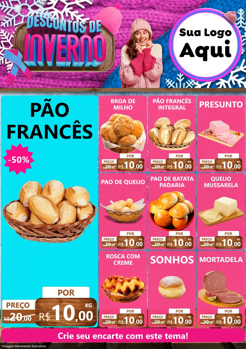 Modelo de Encarte para Encarte A4 Vertical com o tema Descontos de Inverno para Padaria