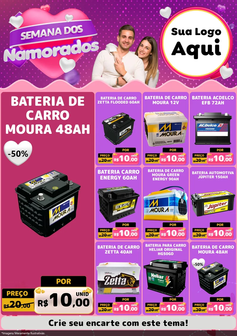 Modelo de Encarte para Encarte A4 Vertical com o tema Semana dos Namorados para Baterias Elétricas