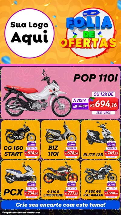 Modelo de Rede Social para Stories com o tema Folia de Ofertas para Concessionaria de Motos