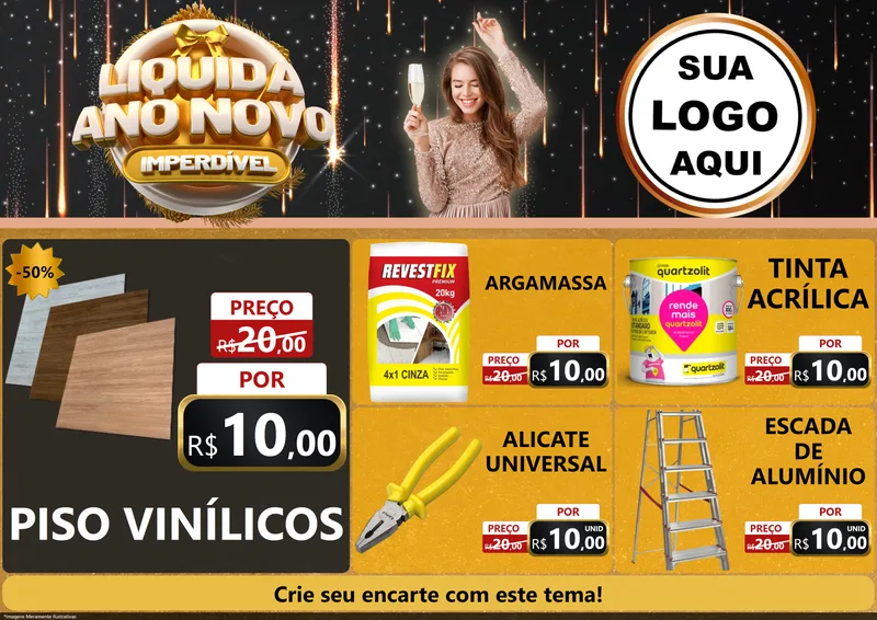 Modelo de Encarte para Encarte A4 Horizontal com o tema Liquida Ano Novo Imperdível para Material para Construção