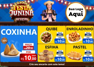 Modelo de Encarte para Encarte A4 Horizontal com o tema Festa Junina Ofertas para Salgadaria