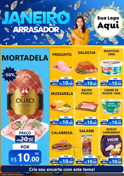 Modelo de Encarte para Encarte A4 Vertical com o tema Janeiro Arrasador para Frios e Laticínios