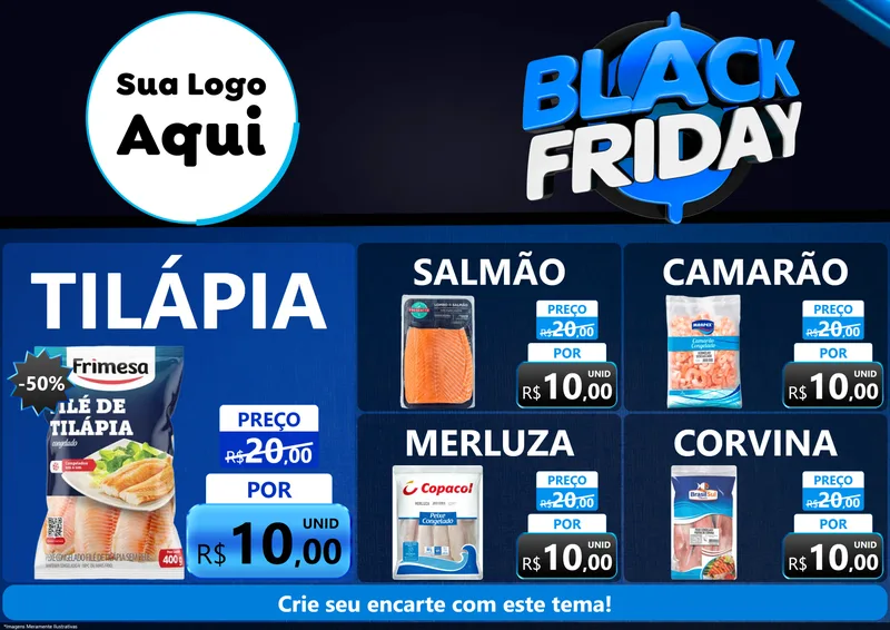 Modelo de Encarte para Encarte A4 Horizontal com o tema Black Friday para Peixaria