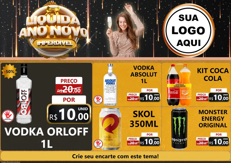 Modelo de Encarte para Encarte A4 Horizontal com o tema Liquida Ano Novo Imperdível para Distribuidora de bebidas