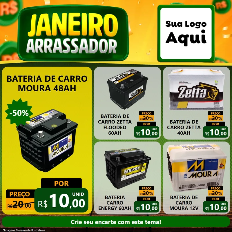Modelo de Rede Social para Feed Facebook com o tema Janeiro Arrasador para Baterias Elétricas
