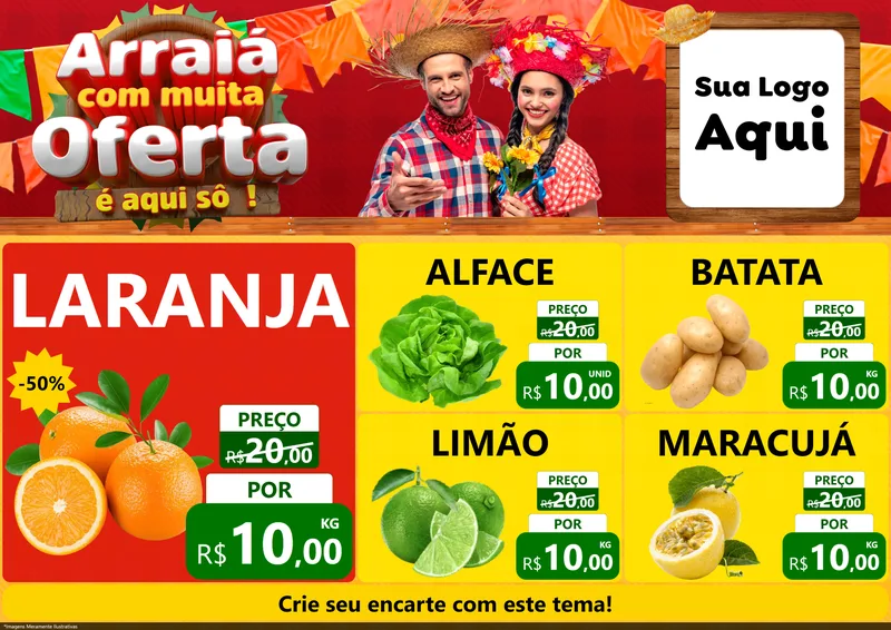 Modelo de Encarte para Encarte A4 Horizontal com o tema Arraiá Com Muita Oferta - É Aqui Sô! para Hortifrúti