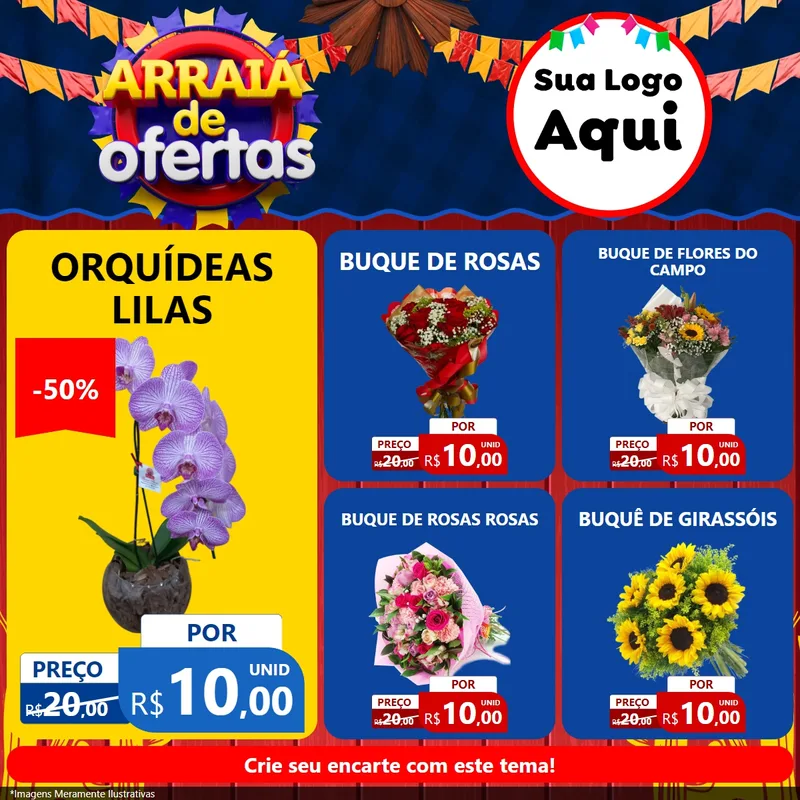 Modelo de Rede Social para Feed Facebook com o tema Arraiá de Ofertas para Floricultura e jardim