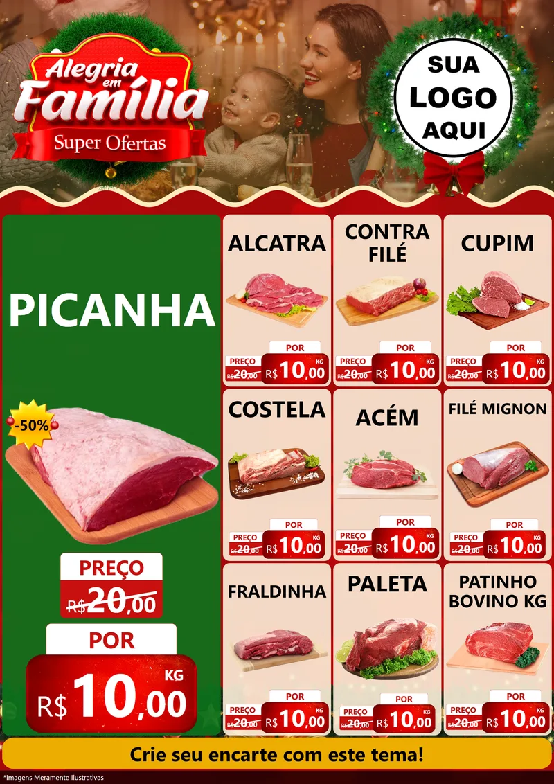 Modelo de Encarte para Encarte A4 Vertical com o tema Alegria Em Família - Super Ofertas para Açougue