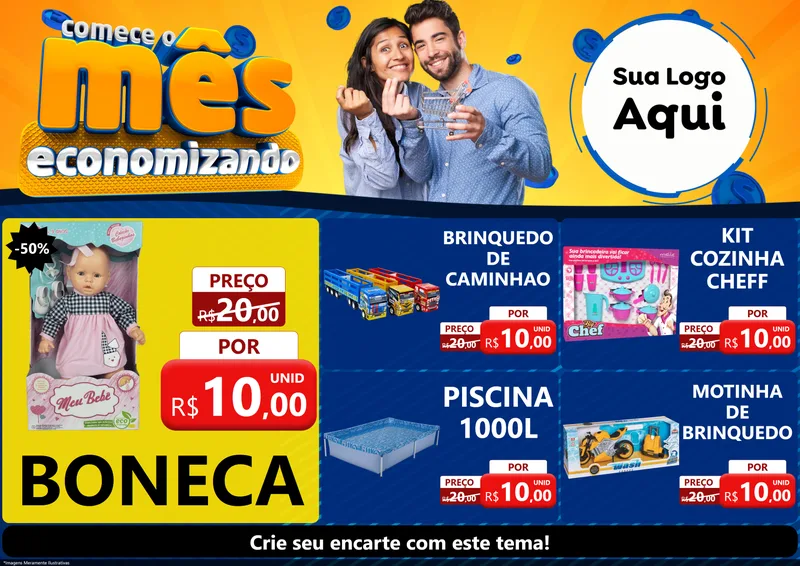 Modelo de Encarte para Encarte A4 Horizontal com o tema Comece O Mês Economizando para Brinquedos