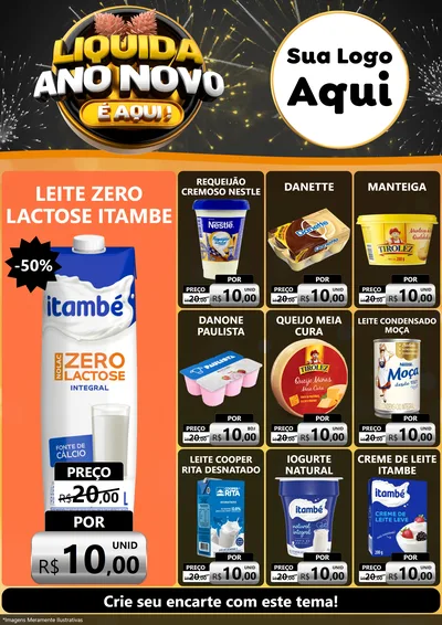 Modelo de Encarte para Encarte A4 Vertical com o tema Liquida Ano Novo É Aqui! para Frios e Laticínios