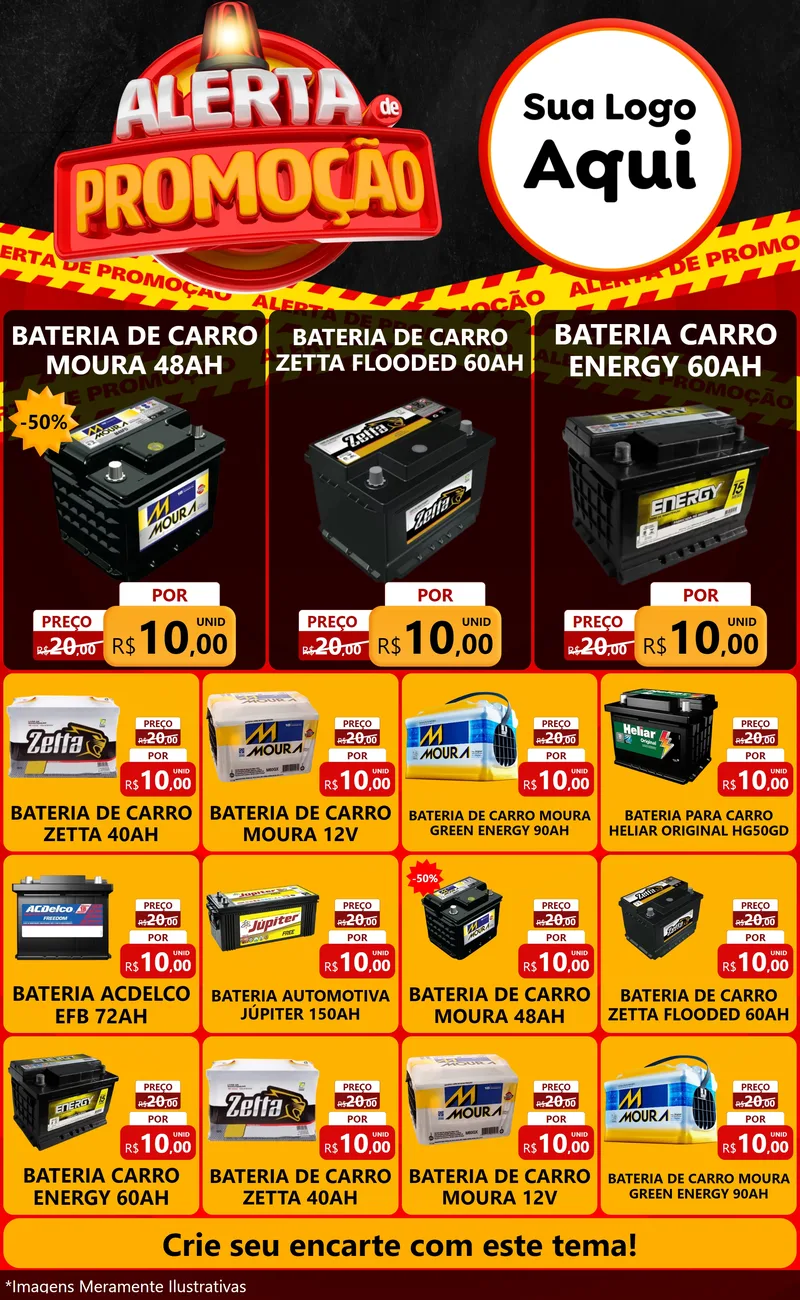 Modelo de Encarte para Encarte Grande com o tema Alerta de Promoção para Baterias Elétricas