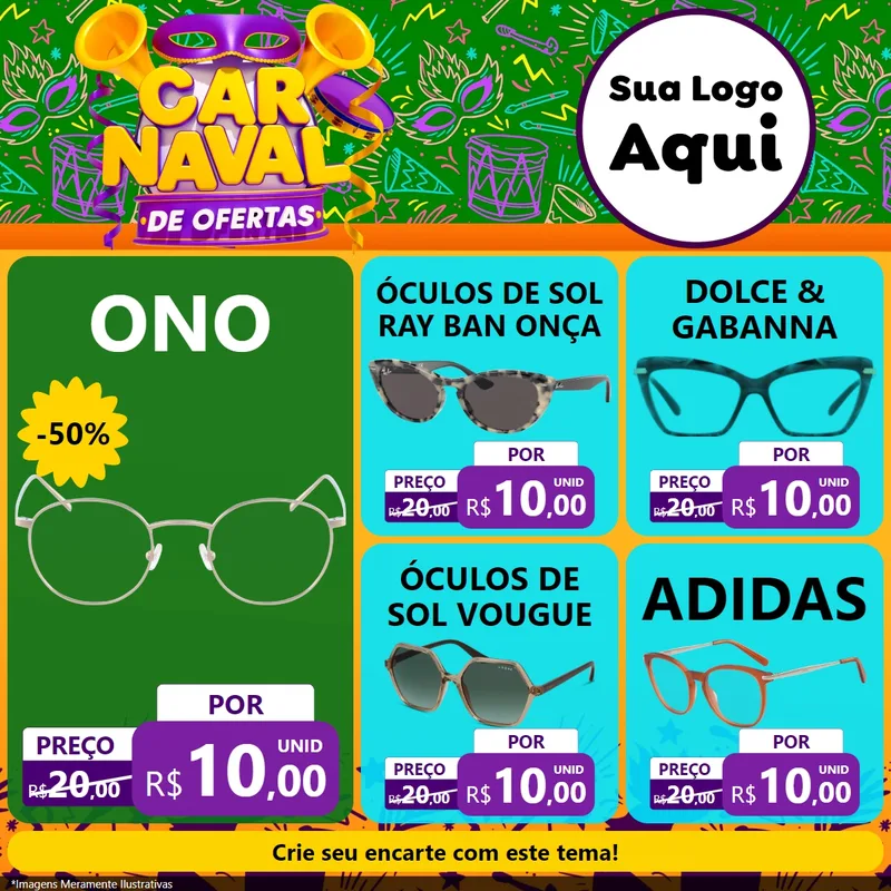 Modelo de Rede Social para Feed Facebook com o tema Carnaval de Ofertas para Óticas