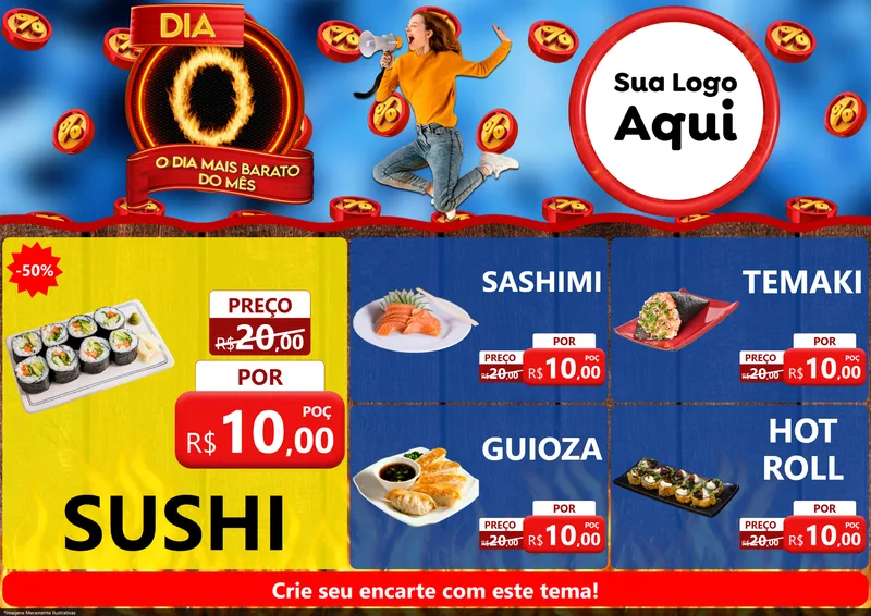 Modelo de Encarte para Encarte A4 Horizontal com o tema Dia O - O Dia Mais Barato Do Mês para Comida japonesa