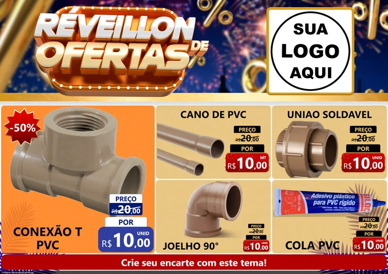 Modelo de Encarte para Encarte A4 Horizontal com o tema Réveillon de Ofertas para Tubos e conexões