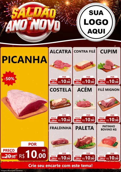 Modelo de Encarte para Encarte A4 Vertical com o tema Saldão de Ano Novo para Açougue