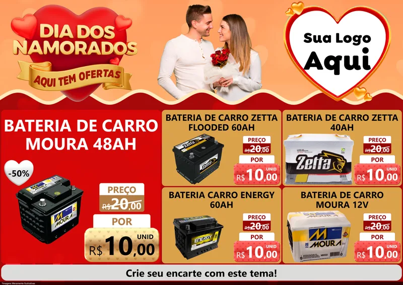 Modelo de Encarte para Encarte A4 Horizontal com o tema Dia dos Namorados - Aqui Tem Ofertas para Baterias Elétricas