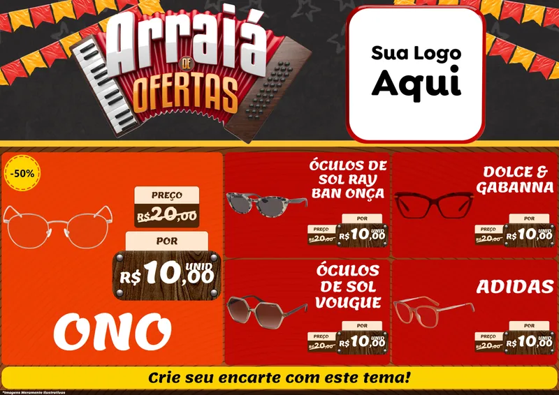 Modelo de Encarte para Encarte A4 Horizontal com o tema Arraiá de Ofertas - Junina para Óticas