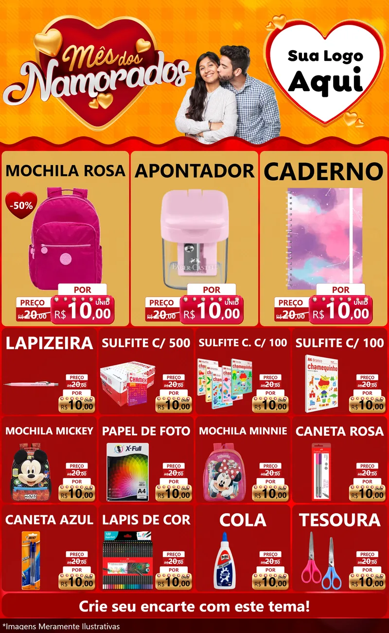 Modelo de Encarte para Encarte Grande com o tema Mês dos Namorados para Papelaria