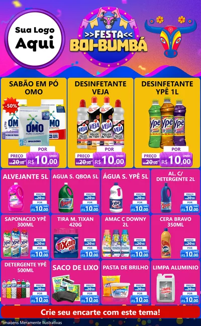 Modelo de Encarte para Encarte Grande com o tema Festa Boi-Bumbá para Produtos de Limpeza