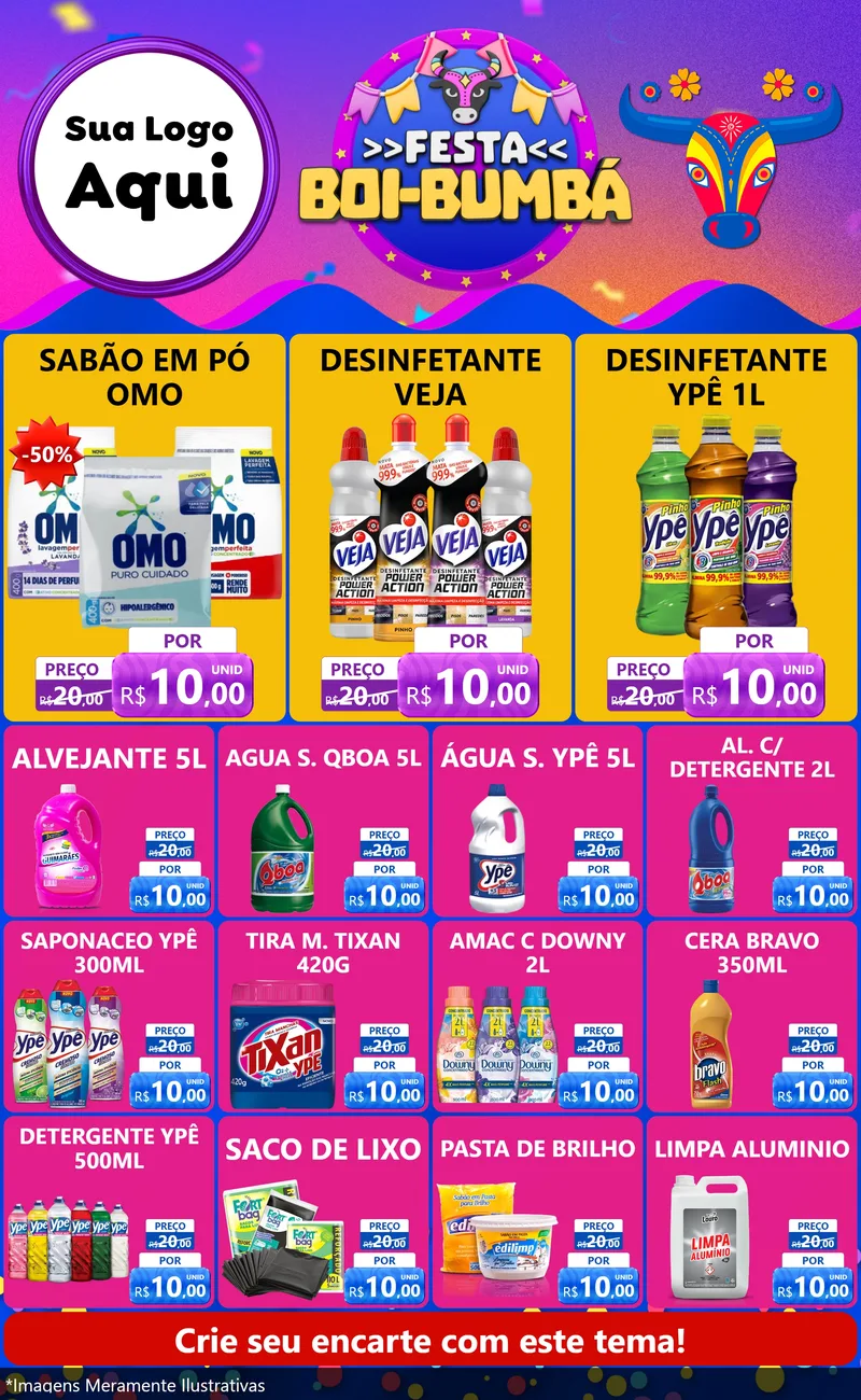 Modelo de Encarte para Encarte Grande com o tema Festa Boi-Bumbá para Produtos de Limpeza