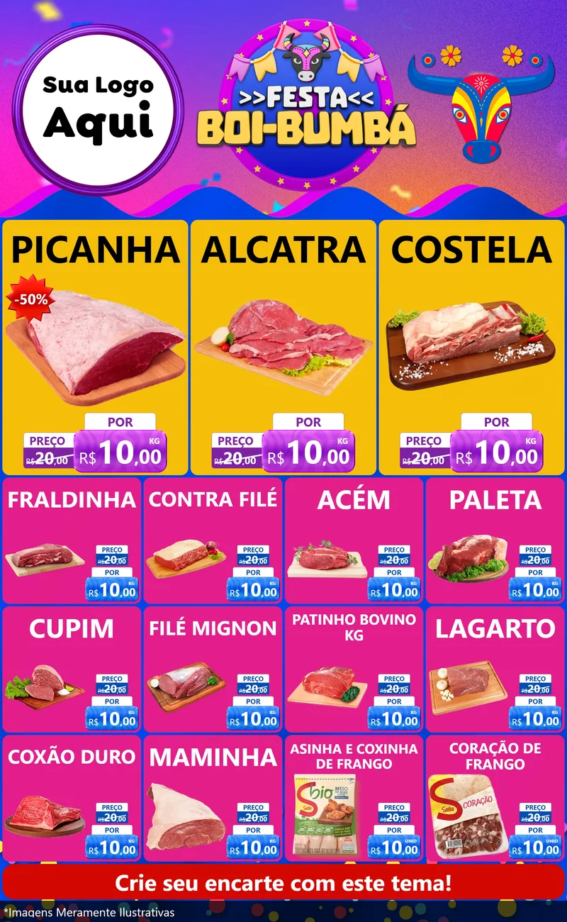 Modelo de Encarte para Encarte Grande com o tema Festa Boi-Bumbá para Açougue