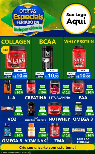 Modelo de Encarte para Encarte Grande com o tema Ofertas Especiais Feriado da Independência para Suplementos alimentares