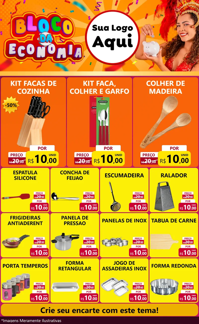 Modelo de Encarte para Encarte Grande com o tema Bloco da Economia para Utilidades Domésticas