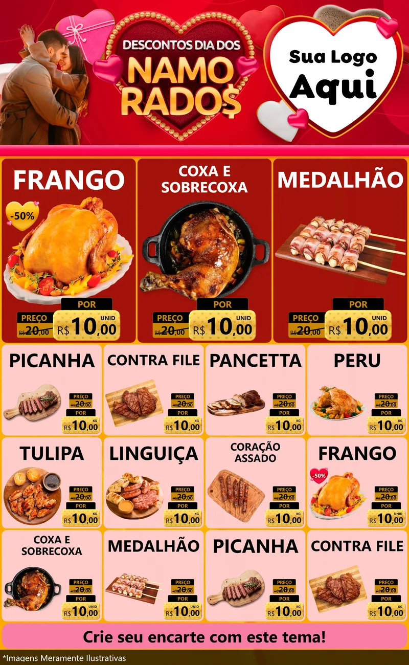 Modelo de Encarte para Encarte Grande com o tema Descontos Dia dos Namorados para Assados
