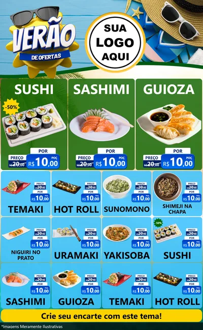Modelo de Encarte para Encarte Grande com o tema Verão de Ofertas para Comida japonesa