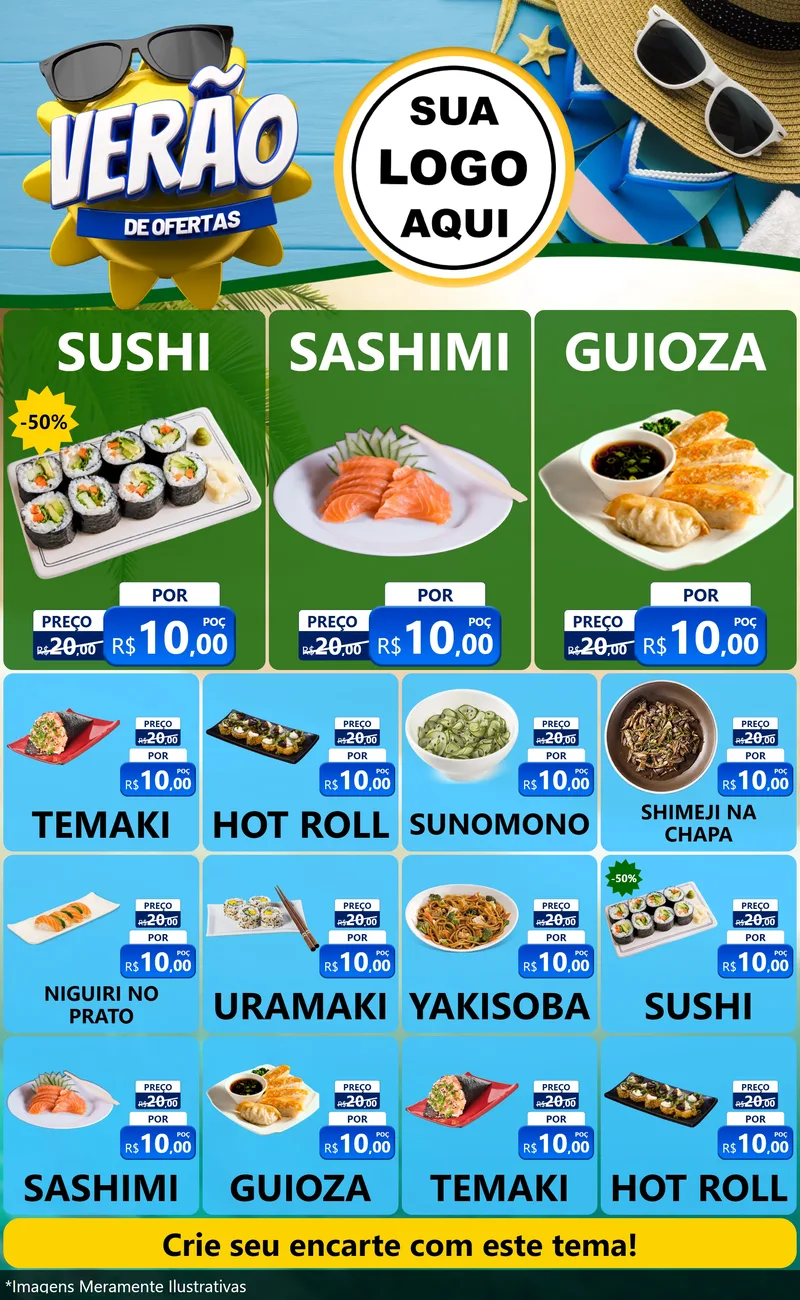 Modelo de Encarte para Encarte Grande com o tema Verão de Ofertas para Comida japonesa