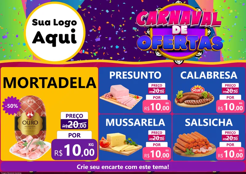 Modelo de Encarte para Encarte A4 Horizontal com o tema Carnaval de Ofertas para Frios e Laticínios