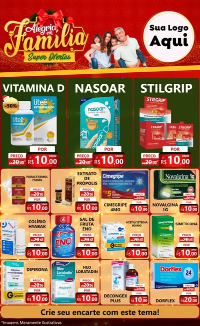 Modelo de Encarte para Encarte Grande com o tema Alegria em Família Super Ofertas - Natal para Farmácia