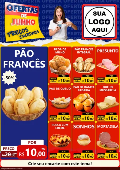 Modelo de Encarte para Encarte A4 Vertical com o tema Ofertas de Junho - Preços Incríveis para Padaria