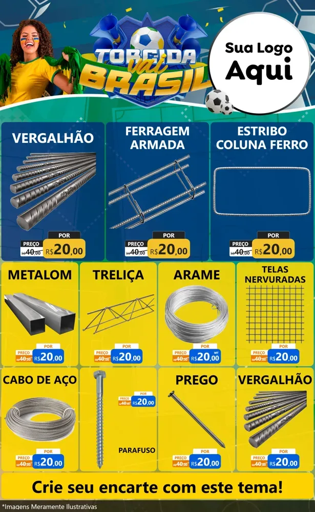 Modelo de Encarte para Encarte Grande com o tema Torcida Vai Brasil - Copa para Ferragens