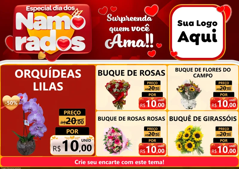 Modelo de Encarte para Encarte A4 Horizontal com o tema Especial Dia dos Namorados para Floricultura e jardim