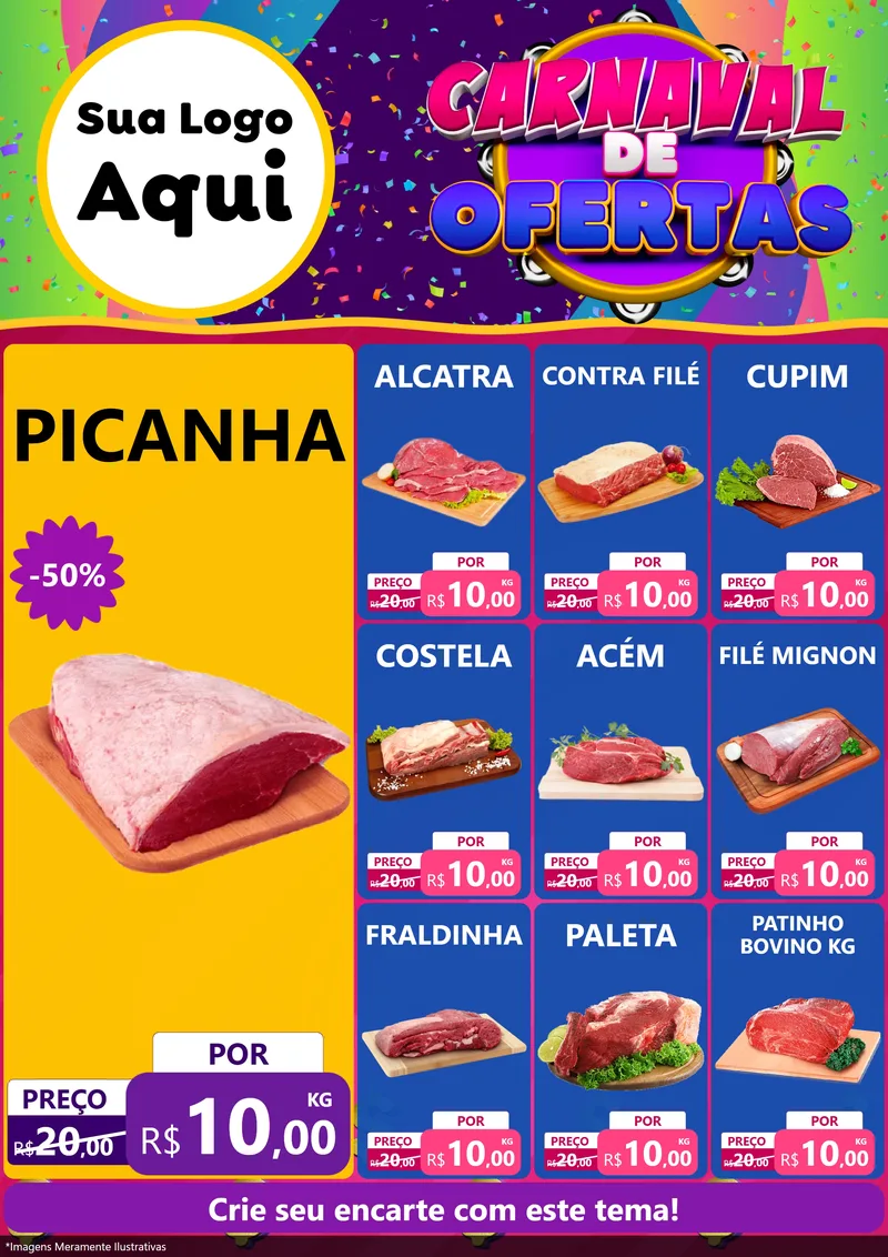 Modelo de Encarte para Encarte A4 Vertical com o tema Carnaval de Ofertas para Açougue